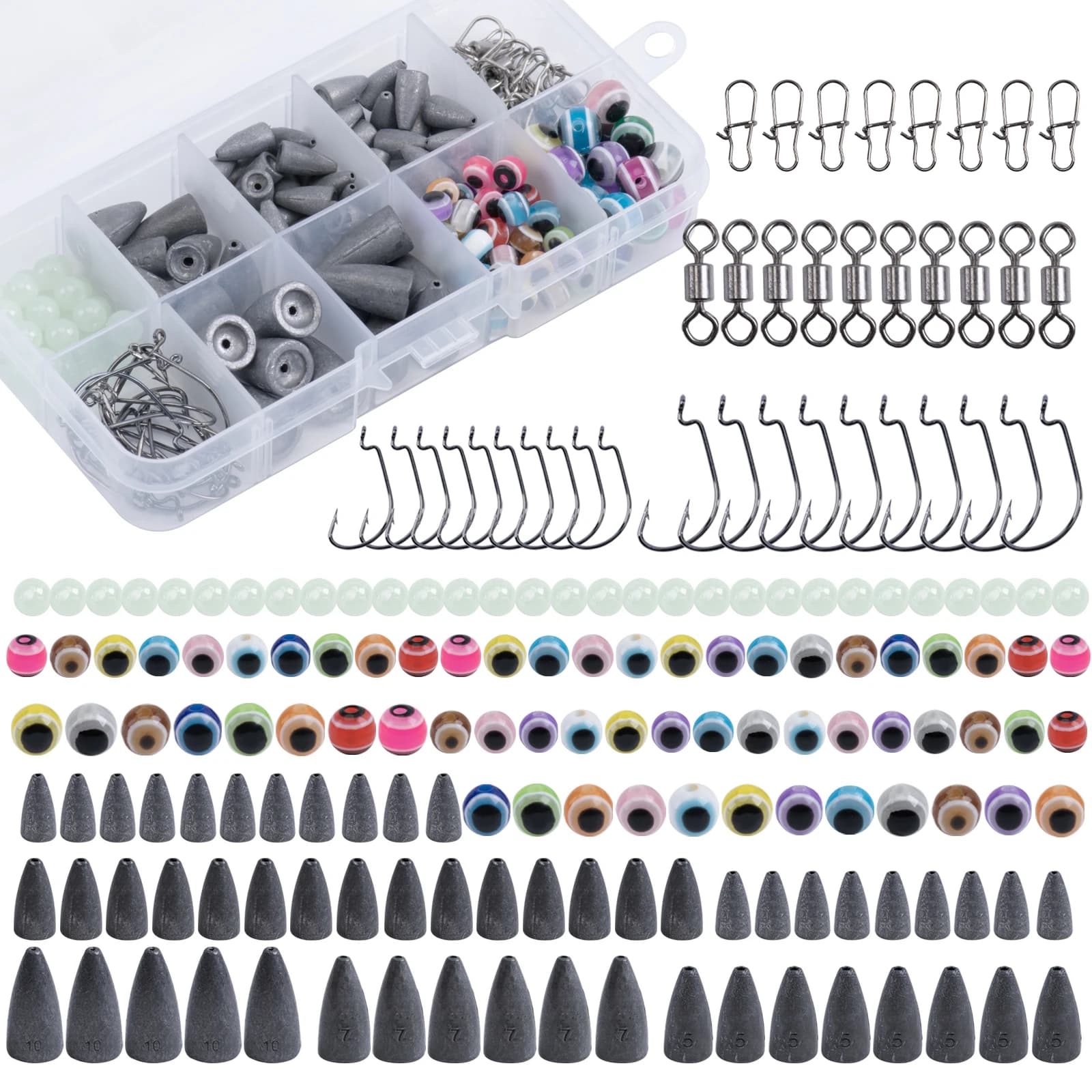 Goture Kit di Accessori per la Pesca con 182 Pezzi/Scatola: Piombi da Pesca, Perline e Kit Texas Rig