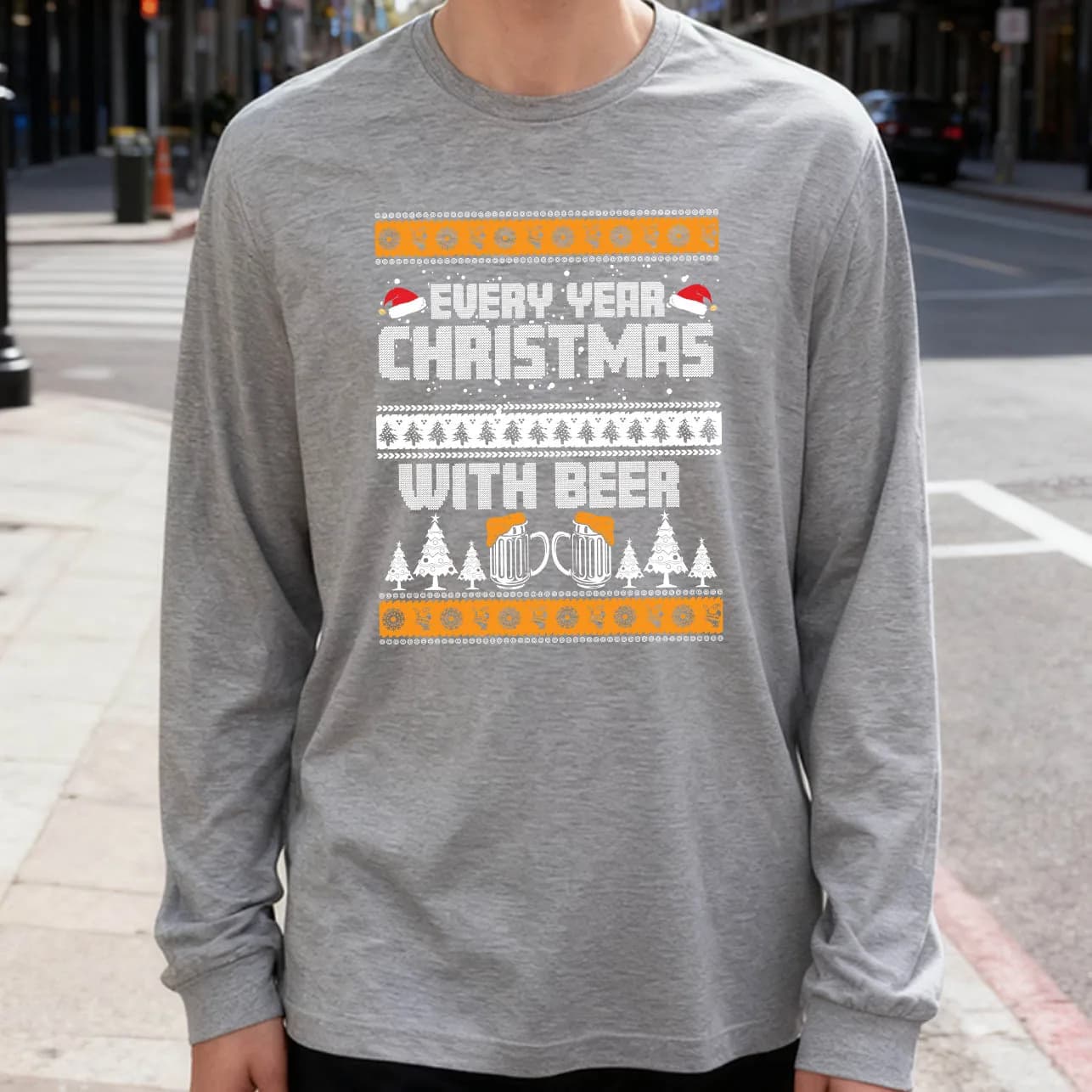 Men's long sleeve t-shirt every year Christmas and beer 180g 100% cotton casual printed crew neck to wear every day soft and breathable