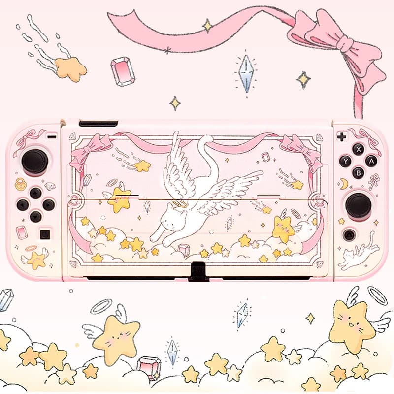 Custodia protettiva Angel Kitty compatibile con Switch OLED - Set guscio rigido satinato opaco staccabile rosa chiaro
