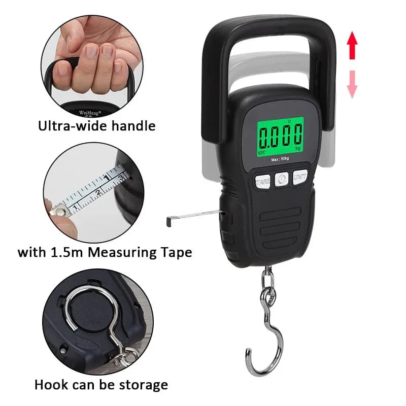 Bilancia digitale Mini LCD da 50kg con metro a nastro retroilluminato pesatura elettronica bilancia a gancio sospesa strumento di pesatura portatile per bagagli