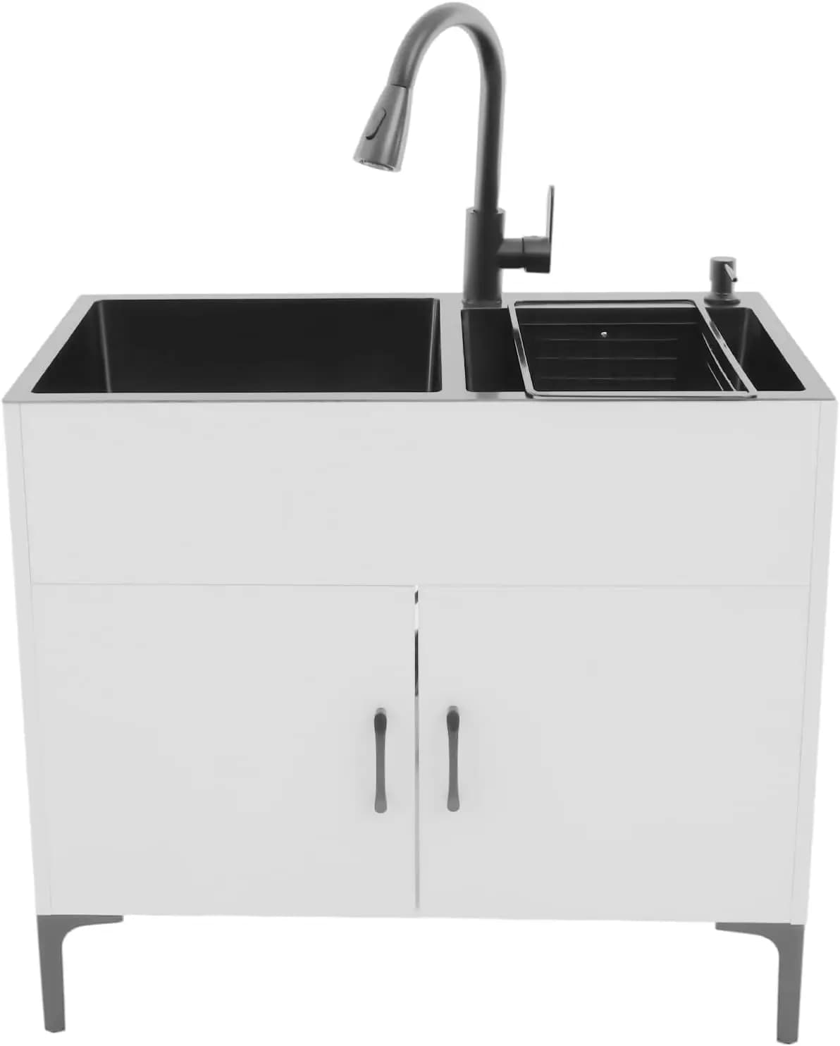 Lavello a doppia vasca in acciaio inox con mobiletto, rubinetto, gocciolatoio e dispenser sapone per cucina, garage, cantina, camper