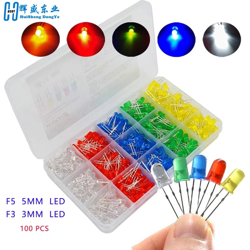 100 Pz/lotto 3mm 5mm F3 F5 LED Rotondo Ultra Luminoso Bianco Verde Giallo Blu Bianco Rosso Diodo Emettitore di Luce Per Il Kit Fai Da Te