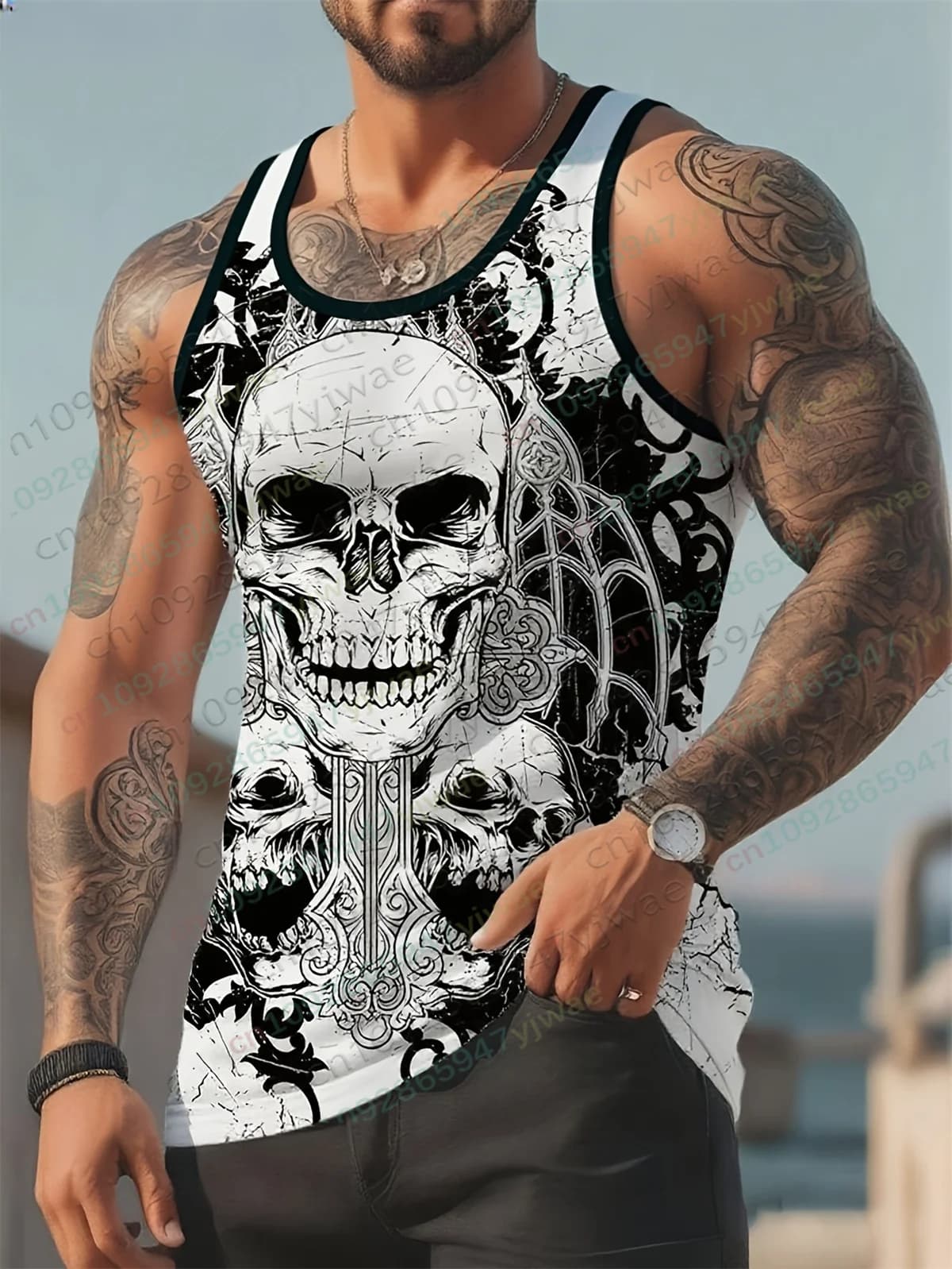 Canotta Estiva da Uomo con Stampa Teschio, Stile Gotico Scuro, Abbigliamento Sportivo per Allenamento Outdoor, Canotta ad Asciugatura Rapida