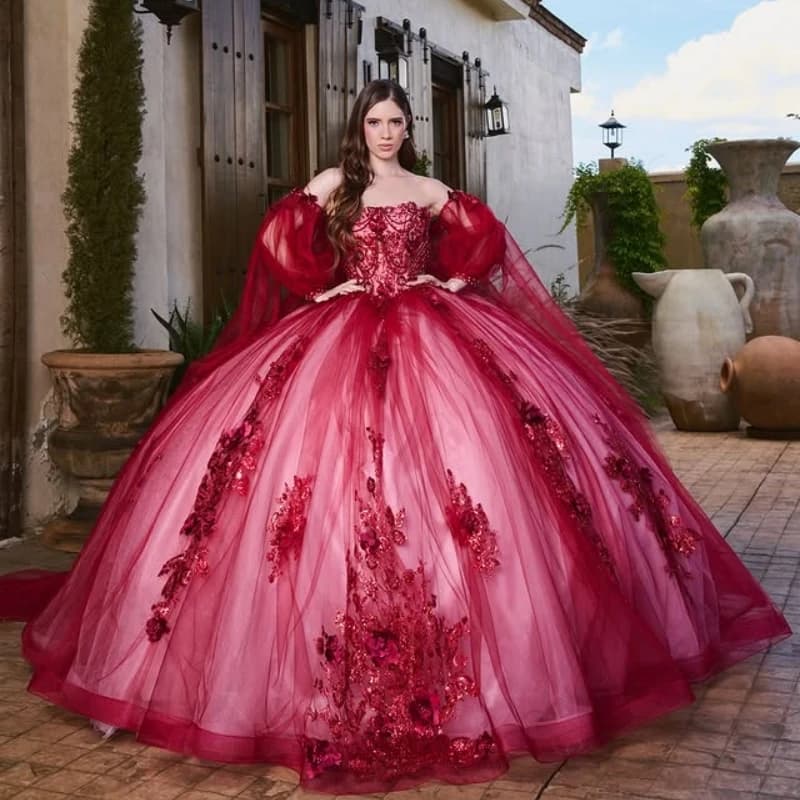 Abiti Quinceanera rossi personalizzati con spalle scoperte applique glitter di cristallo fiore 3D pizzo coda lunga Vestido 15 Quinceanera