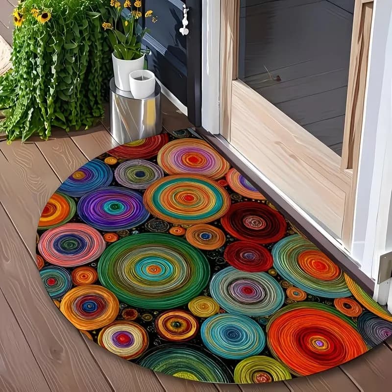 Tappeto d'ingresso decorativo con cerchi concentrici arcobaleno vivaci, semicerchio, stile artistico, tappetino antiscivolo per cucina