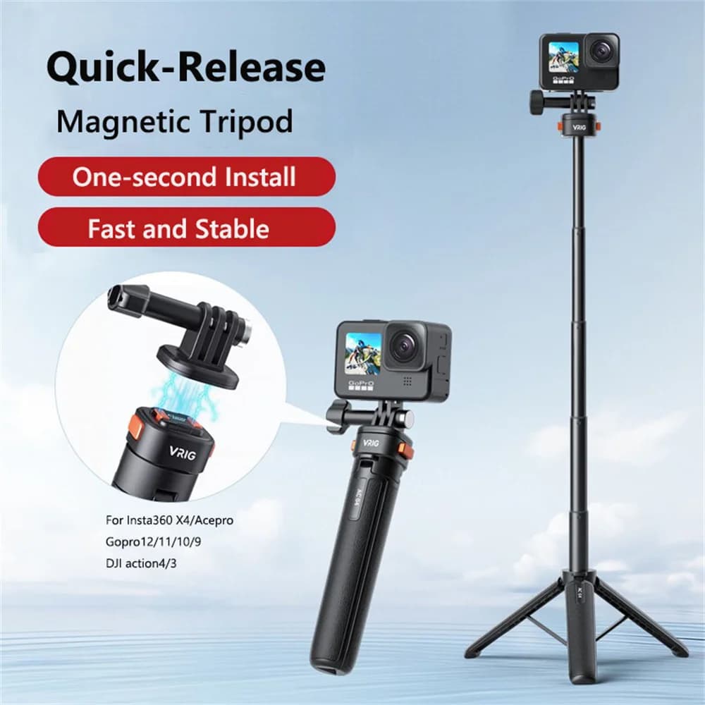 VRIG Claw MINI Treppiede Magnetico a Sgancio Rapido, Asta Selfie Estensibile per GoPro 12/11/10, Insta360 X4/DJI Action4/3 OSMO