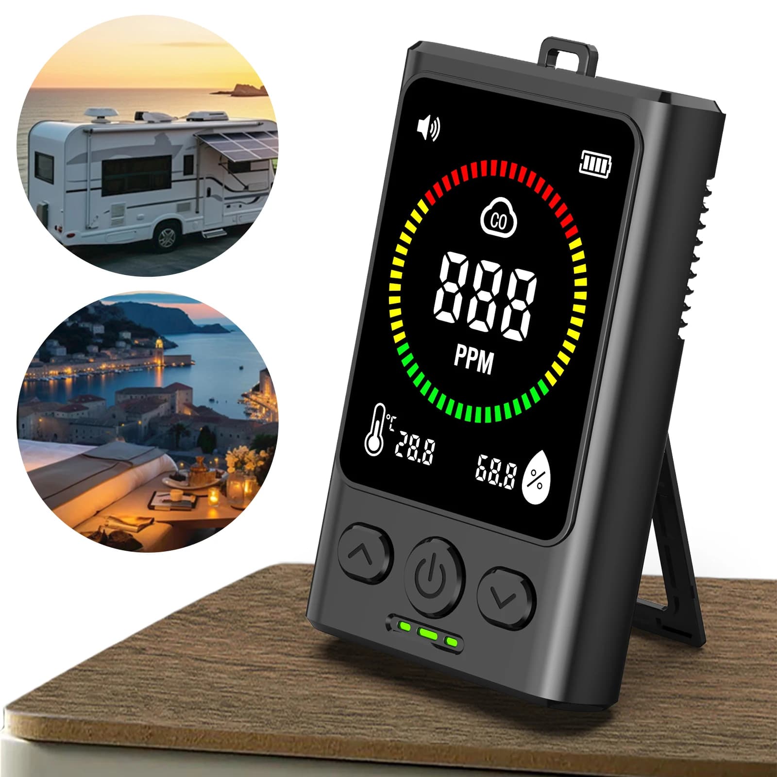 3-in-1 Carbon Monoxide Detector Rechargeable Temp Humidity Monitor CO Alarm Detector for Travel Camping RV