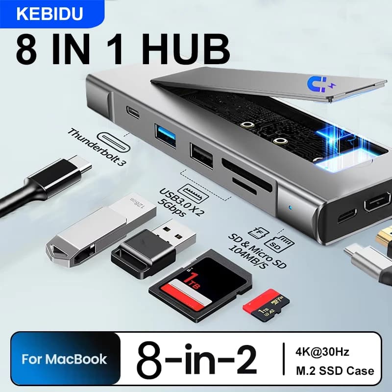 USB Hub 8 in 1 M.2 NVMe SATA SSD USB3.2 Type-c Storage Case to HDMI USB Adapter for MacBook compatible laptop dock station