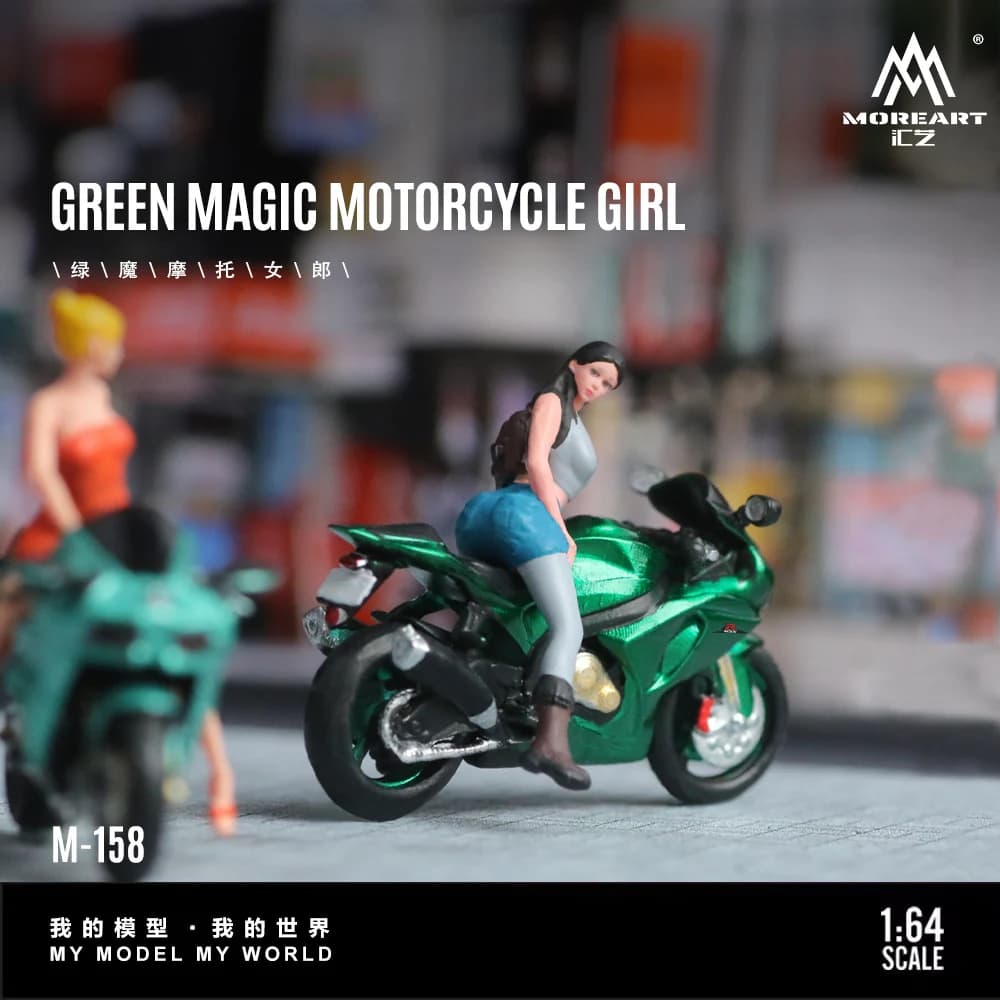 MoreArt 1:64 Modello in resina per action figure di motociclette verdi, regalo e display per decorazioni di scene in miniatura
