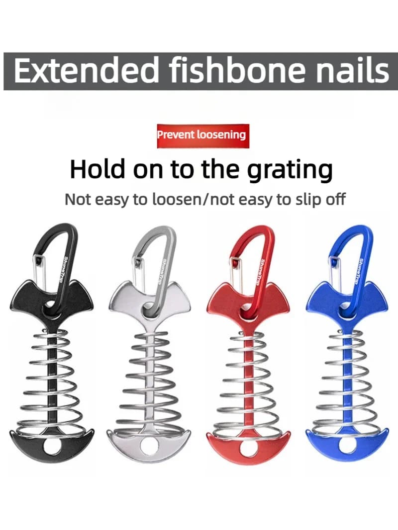 Aluminum Alloy Fishbone Deck Nails Camping Tent Anchors with Spring Carabiner ForWood Board Platform Outdoor Camping Accessories