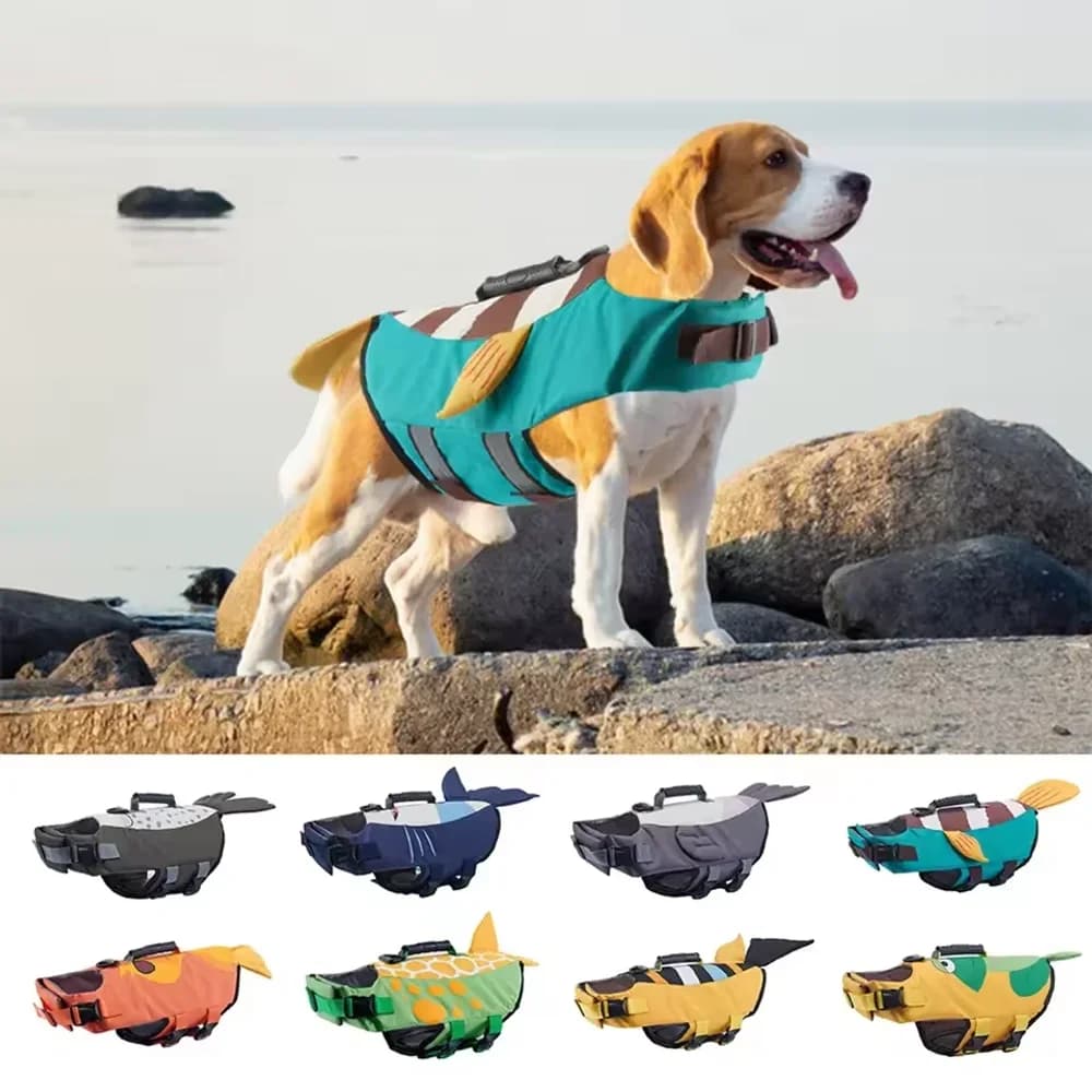 Giubbotto di salvataggio per cani a forma di squalo, con imbracatura e collare, impermeabile, per nuoto e passeggiate in barca
