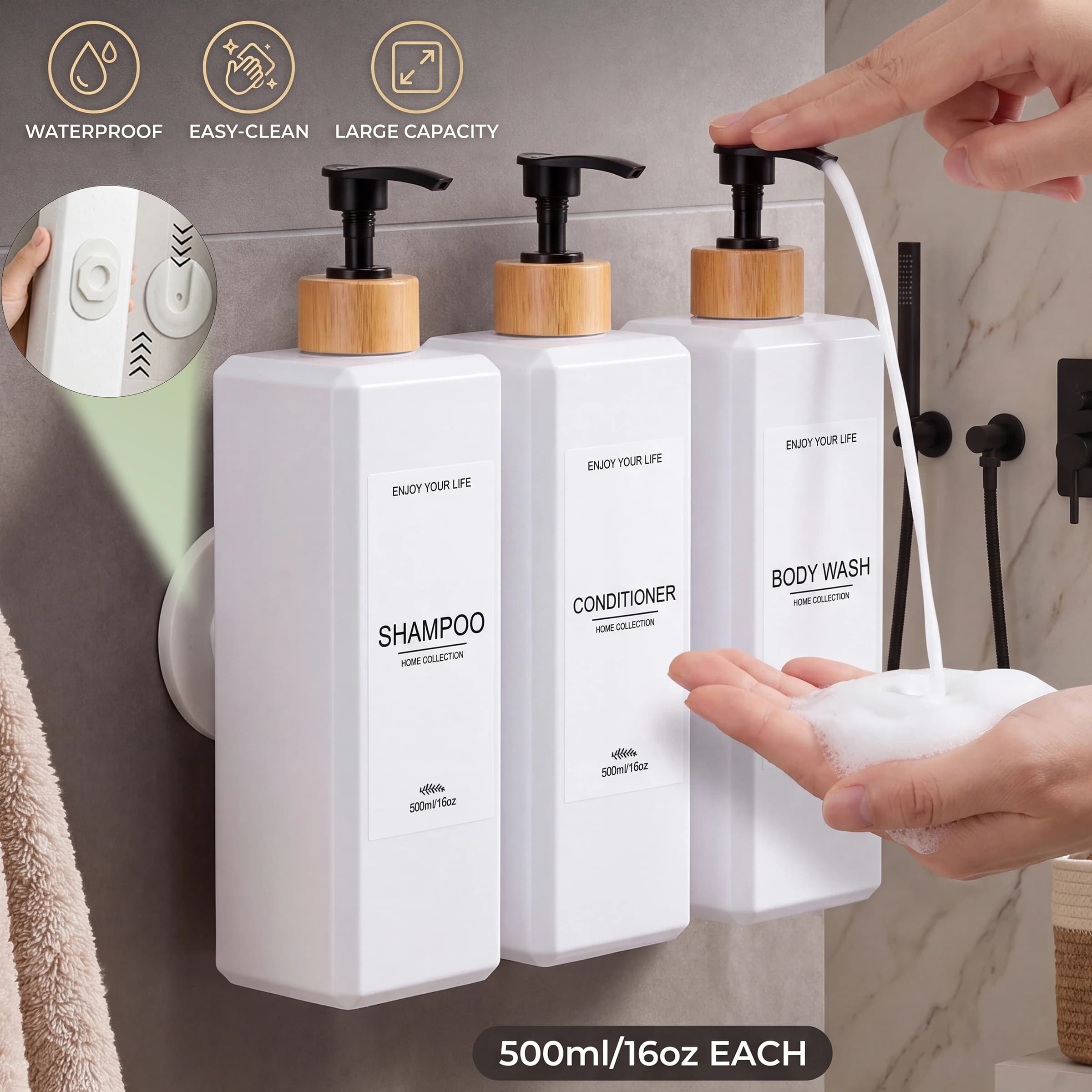 3Pcs/set Shower Soap Dispenser, Wall-Mounted Nail-free Bathroom Shampoo, Bodywash & Conditioner Pump Bottles for Spa Shower