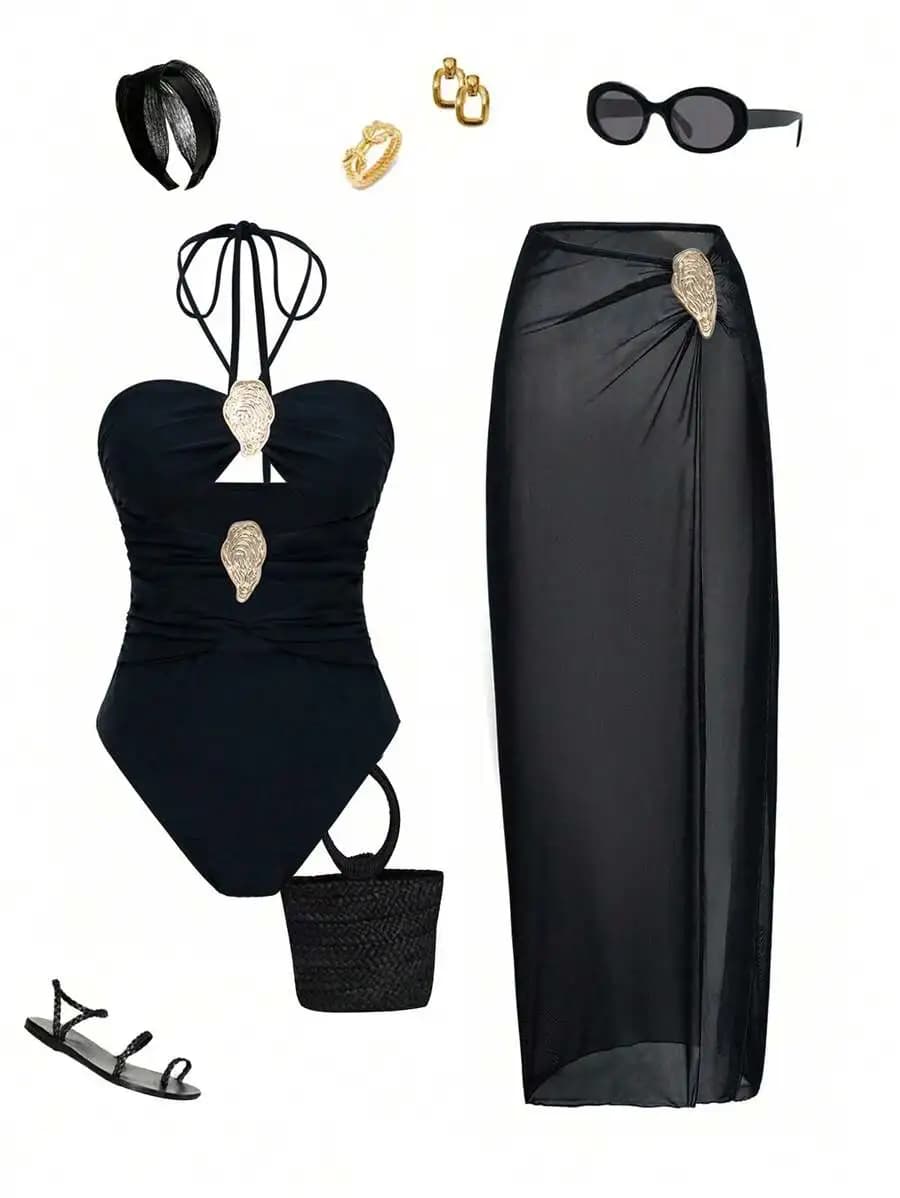 Black Solid Metal Decor Halter Swimsuit With Mesh Cover Up Skirt Beach Set