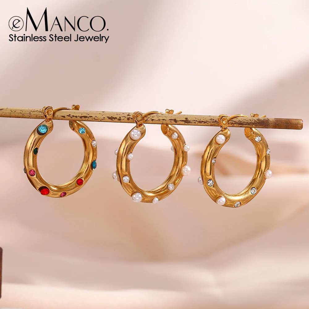 EManco Stainless Steel Imitation Pearls White Rhinestones Women's Hoop Earrings Retro Temperament Jewelry 48-Hour Shipping