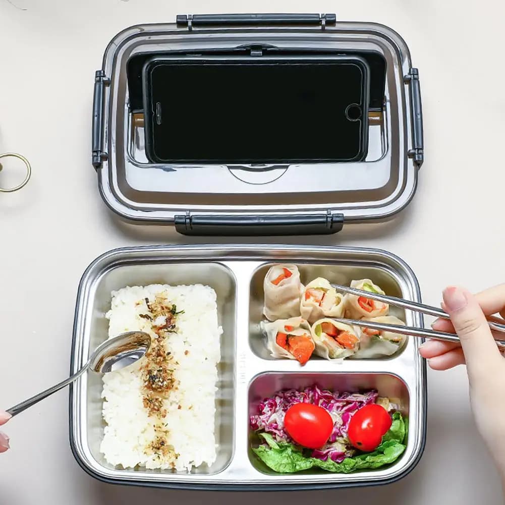Contenitore per il pranzo in acciaio inossidabile con 3/4 scomparti, bento box a tenuta stagna con bacchette, cucchiaio e supporto per cellulare