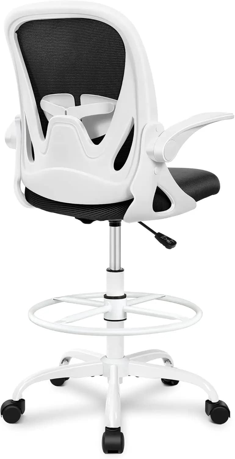 Sedia da Disegno Ergonomica con Braccioli Ribaltabili, Poggiapiedi Regolabile e Supporto Lombare in Grigio o Bianco per Ufficio Domestico