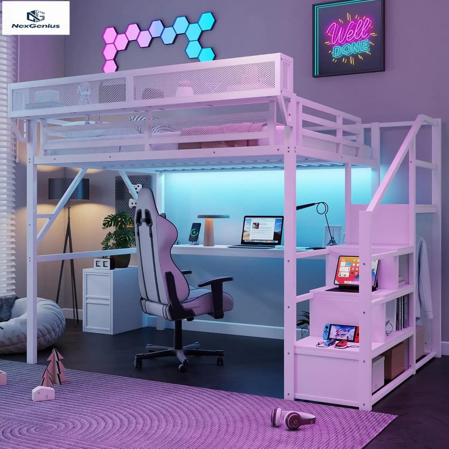 Letto a soppalco Queen con scrivania e scale, letto a soppalco in metallo Queen Size con ripiano superiore, letto a soppalco gaming con LED e stazione di ricarica