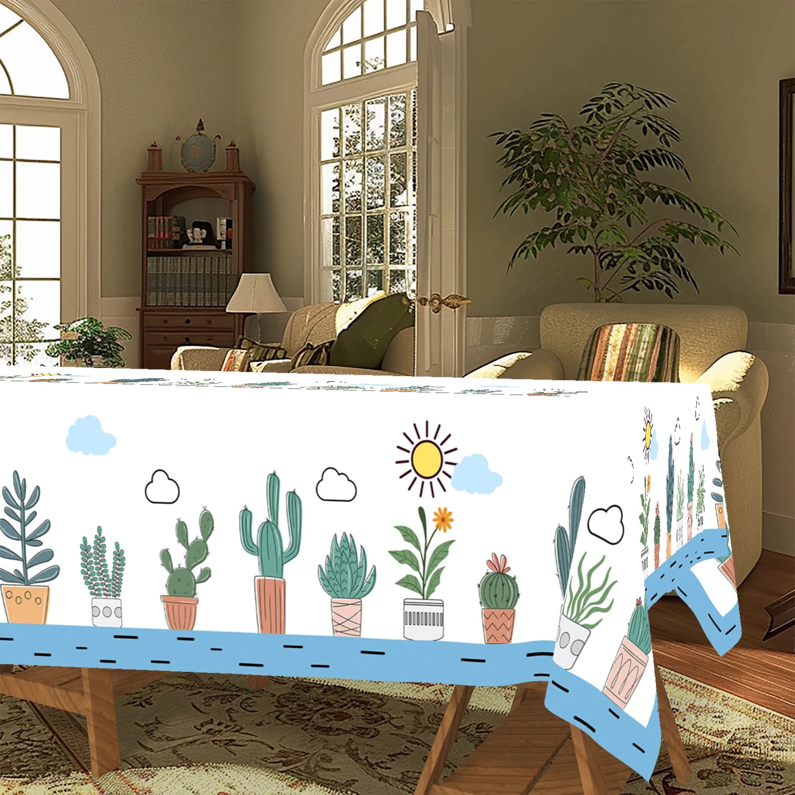 Tovaglia in poliestere a tema cactus, stampa di piante grasse e cactus in stile cartone animato, motivo sole e nuvole, bordi in rilievo, impermeabile, resistente alle pieghe, adatto per tavoli da pranzo rettangolari P-69