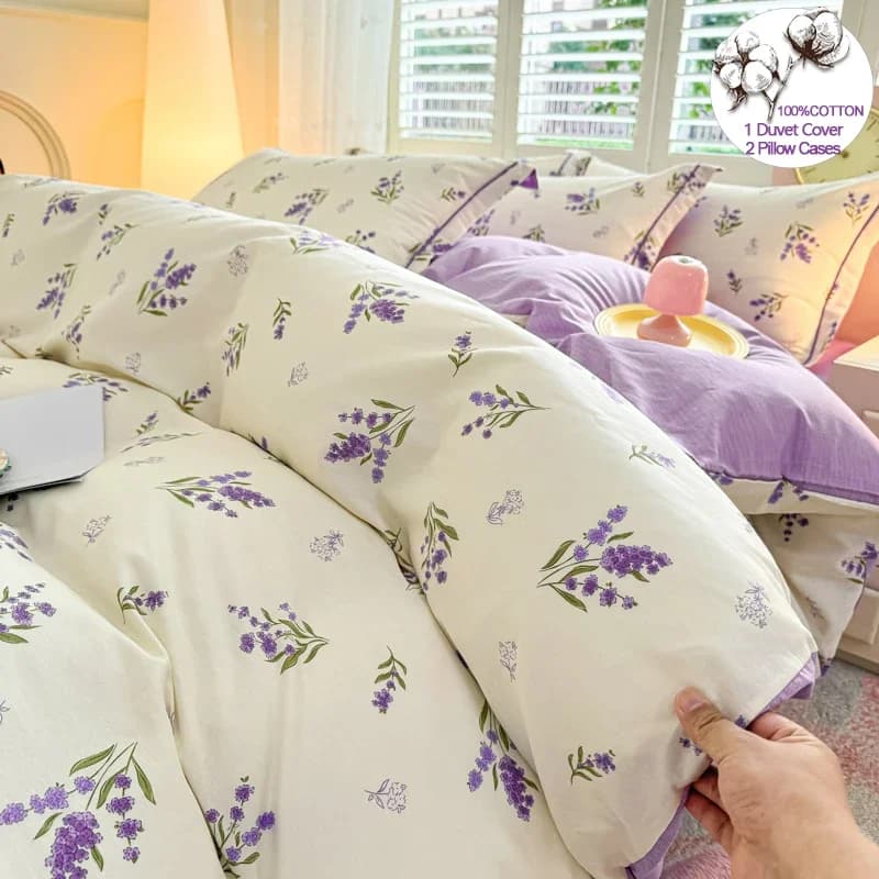 Set copripiumino con stampa lavanda 100% cotone Set biancheria da letto da 4 pezzi