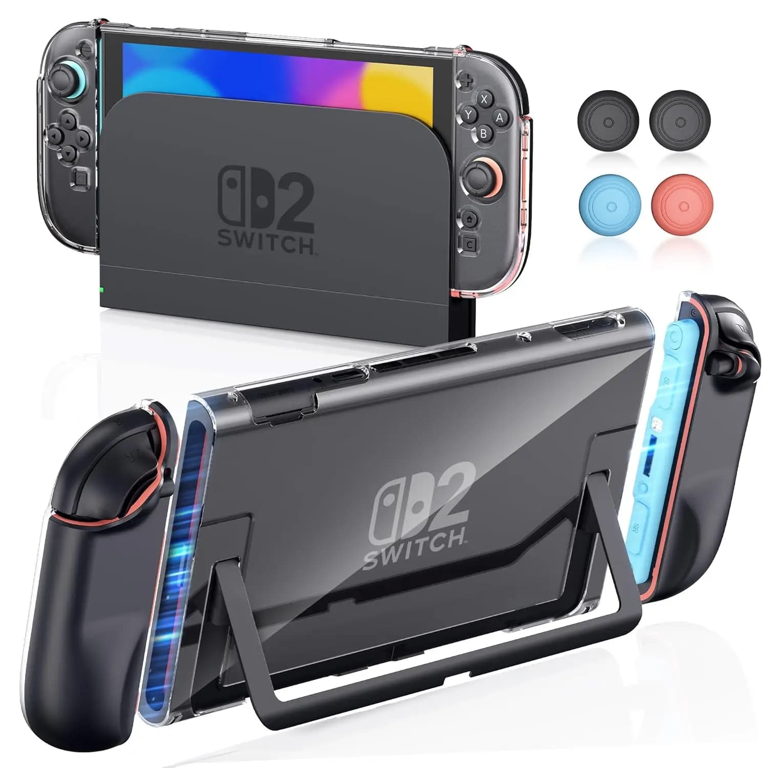 Custodia trasparente agganciabile per Nintendo Switch 2 2025, copertura protettiva per PC per console Switch 2 con 4 cappucci per impugnatura per pollice per Switch 2 2025