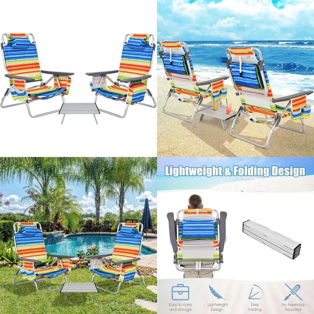 Sedia da spiaggia pieghevole a posizione regolabile con cuscino per la testa, borsa portaoggetti, portasciugamani, portabicchieri e comfort duraturo