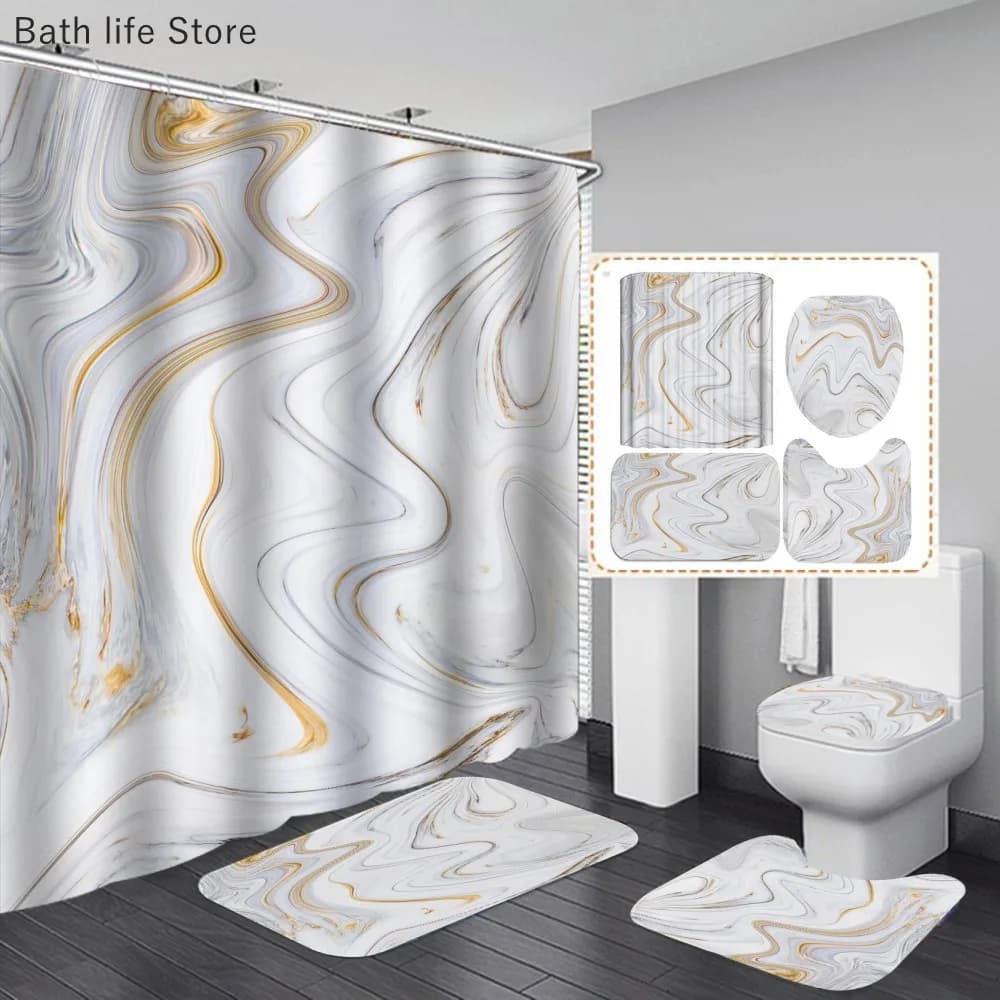 Marble Shower Curtain Sets Modern White Gold Bath Curtains 3D Luxury Toilet Cover Polyester Fabric Bathroom Accessories Sets