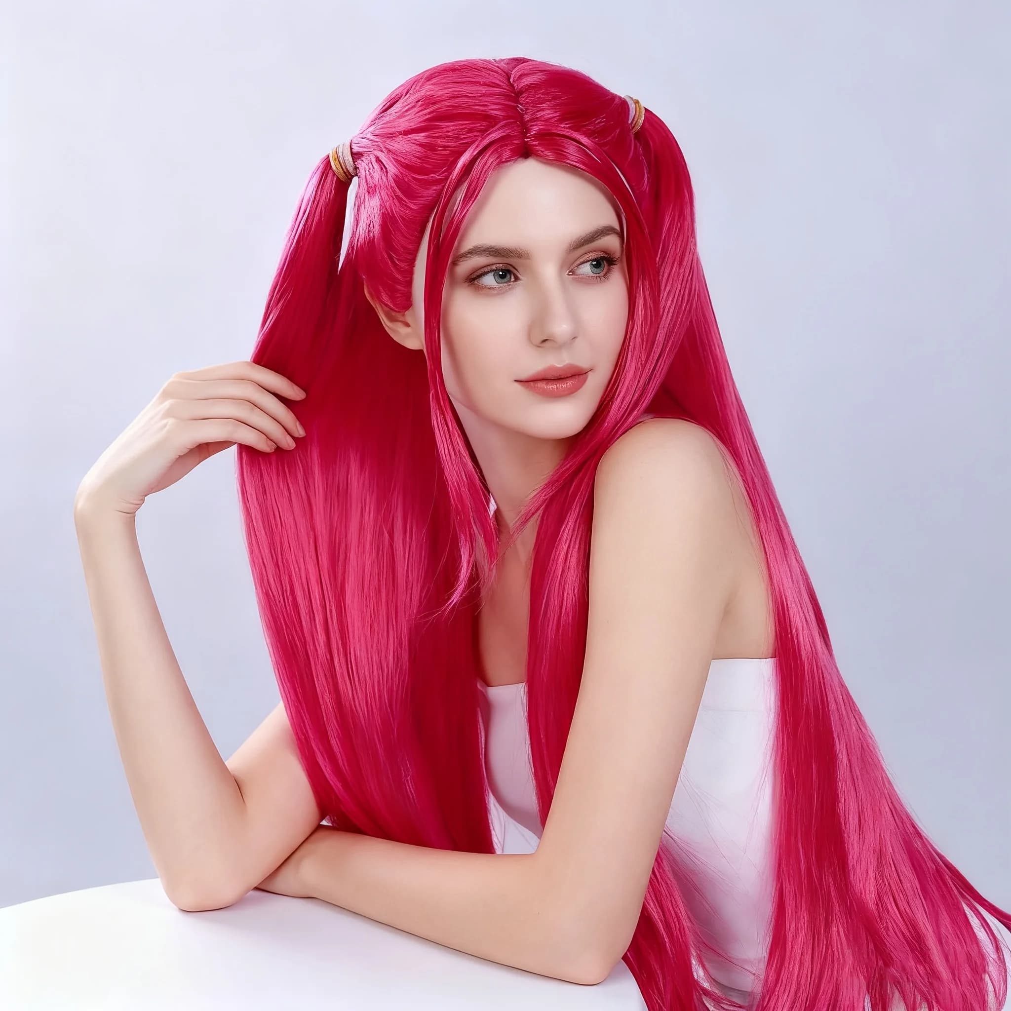 Parrucca anime lunga rosa con design a doppia coda - Fibra sintetica resistente al calore, capelli lisci, per cosplay, idole pop