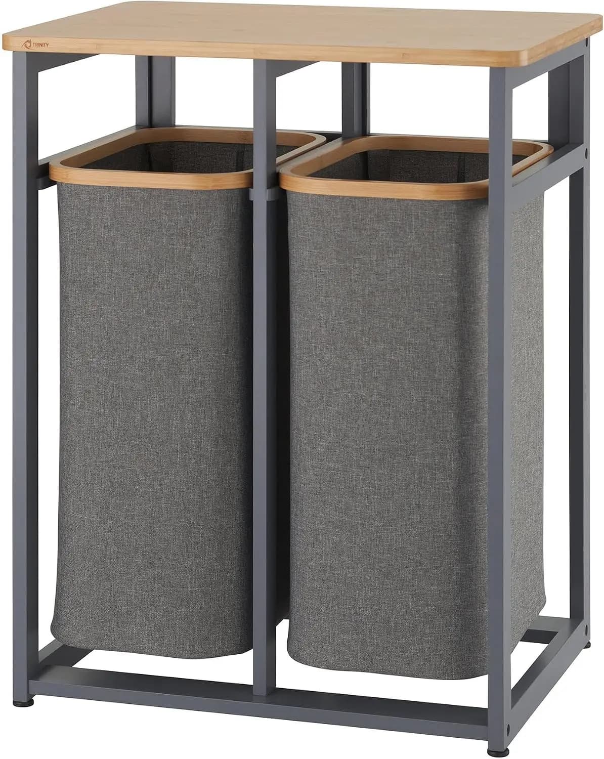 Bamboo Wood Laundry Organizer Station, Dark Gray Double Sorting Hamper Bag With Foldable Top Shelf, Space Saving Clothes Storage Bin For Bathroom Bedroom Closet Utility Room
