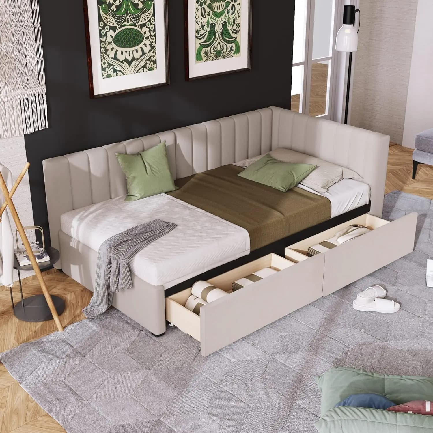 Single sofa bed, single sofa bed padded with 2 drawers container, single sofa bed structure in linen fabric, without container, customizable