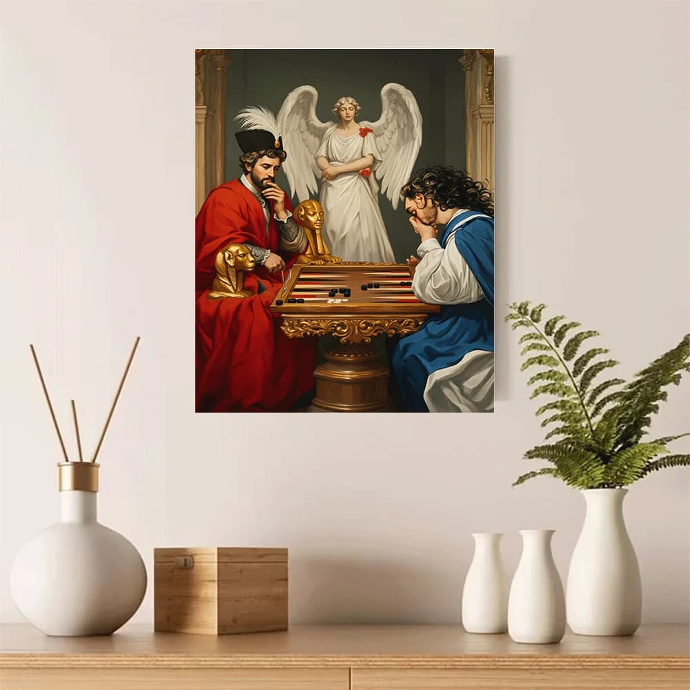 1 pezzo - Poster su tela senza cornice, decorazione da parete, angelo classico che osserva due uomini che giocano a backgammon in una stanza elegante