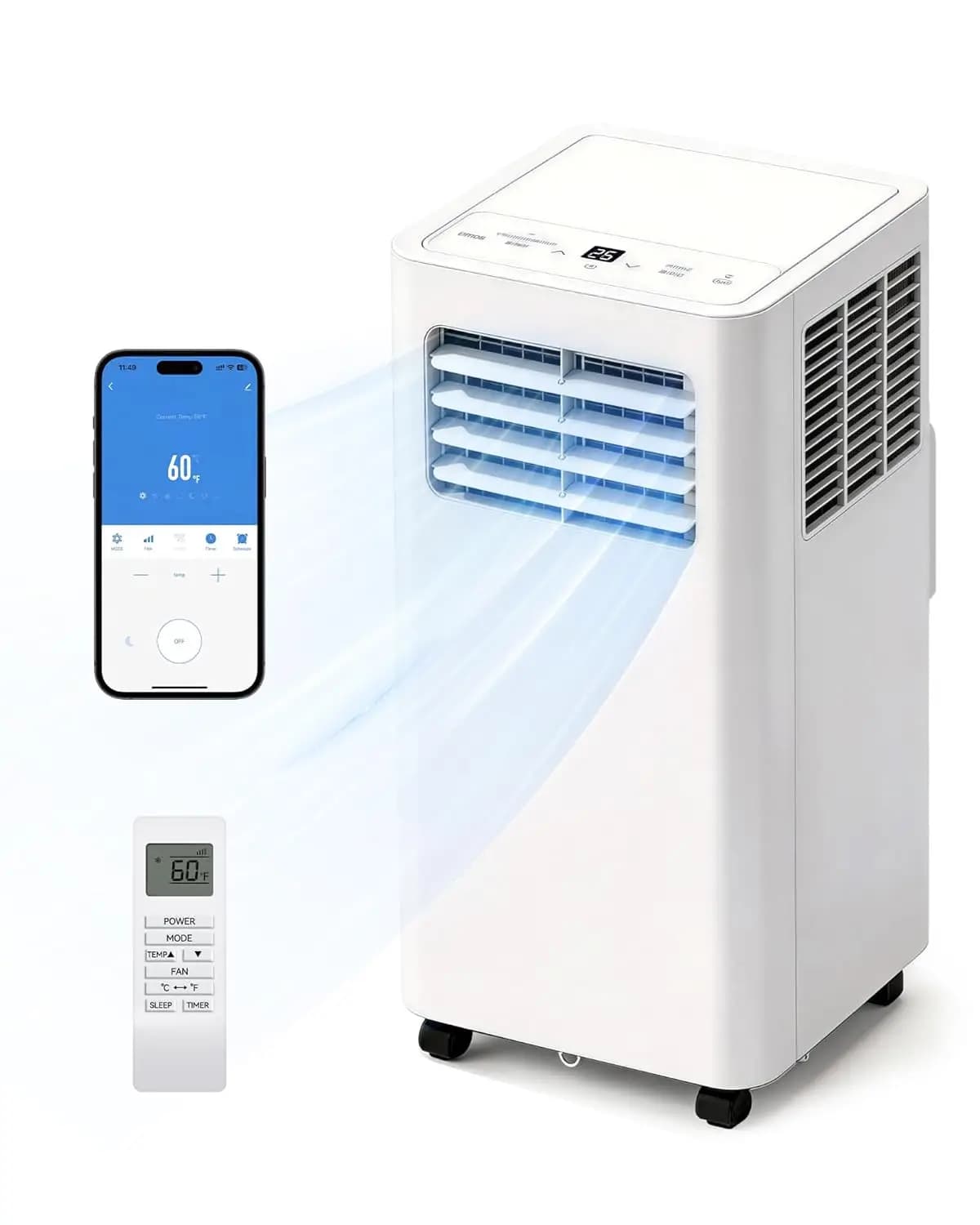 Condizionatore d'Aria Portatile da 14000 BTU, 3-in-1 Raffredda 750 Piedi Quadrati, AC Silenzioso con Ventilatore e Deumidificatore, Controllo App/Telecomando, LED, Personalizzabile