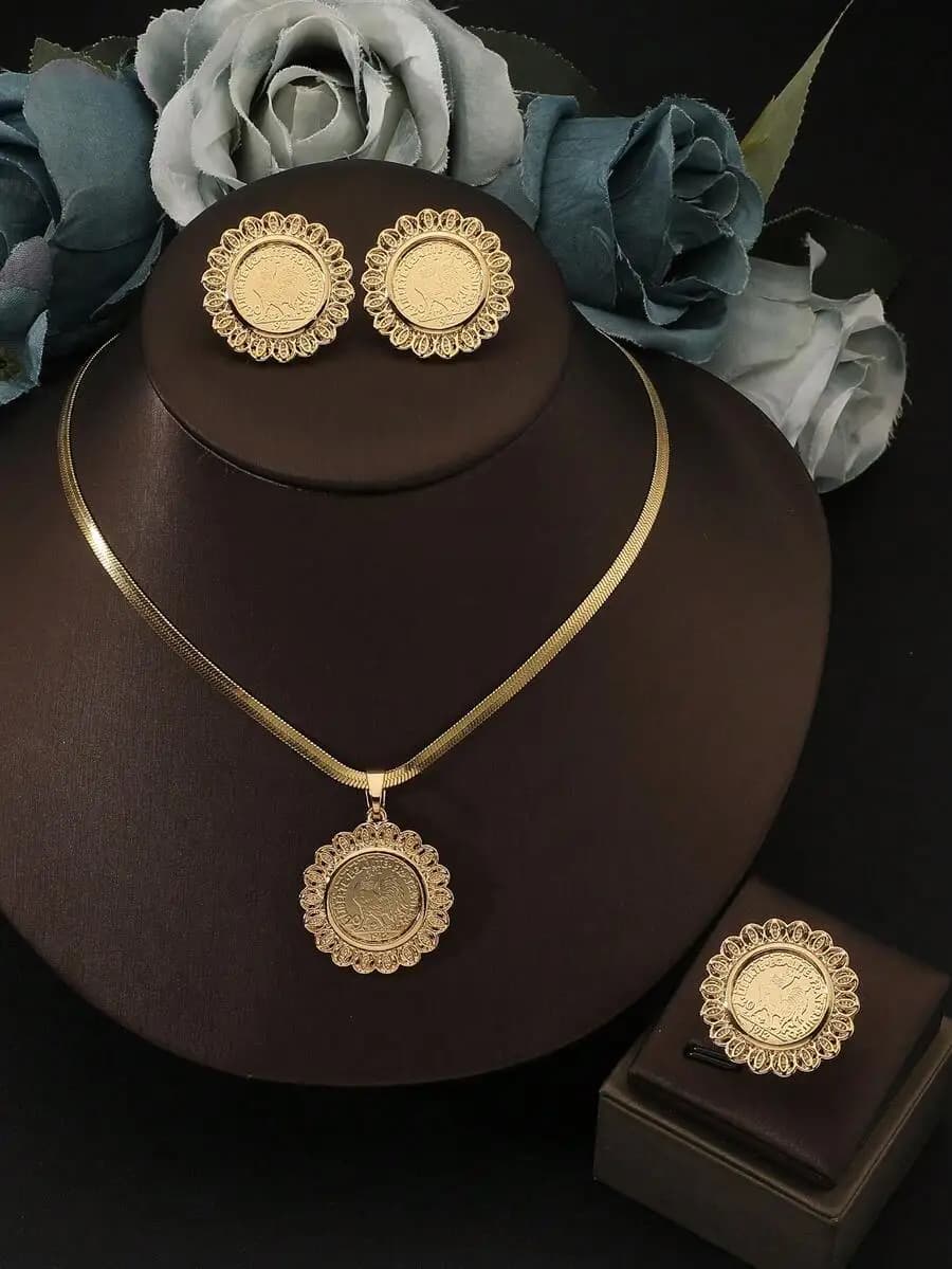 Set di Gioielli da Donna Include 1 Collana in Acciaio Inossidabile con Girasole Dorato, 1 Paio di Orecchini, 1 Anello