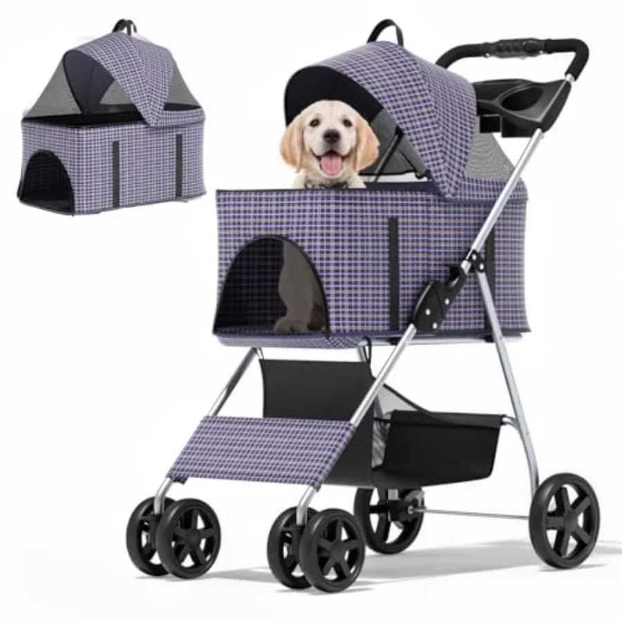 MoNiBloom 3 in 1 Foldable Pet Stroller for Small Medium Dogs, Detachable Carrier, Car Seat, Push Button Entry, 4-Wheel Jogger f