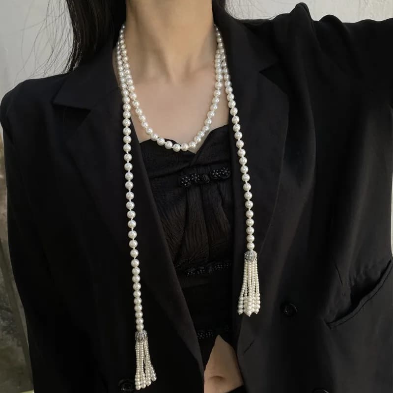 Elegant Long Pearl Tassel Necklace Multi-Strand Beaded Chain, Retro Statement Jewelry For Women Party Gifts
