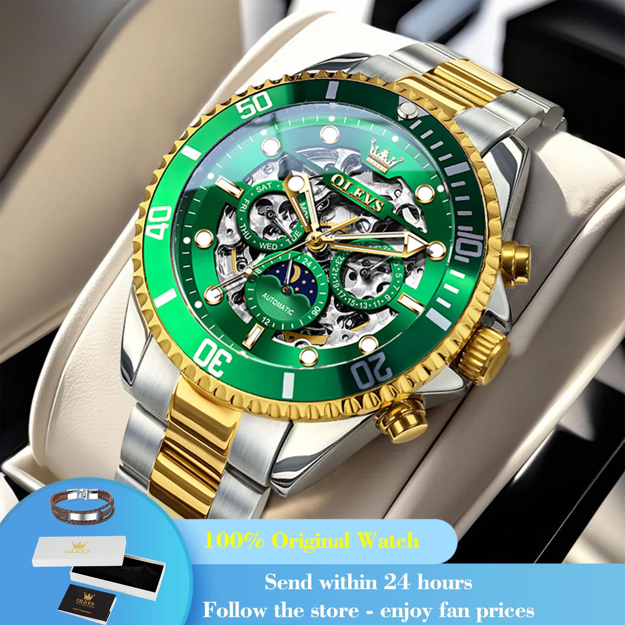 OLEVS 6715 Hollow men's watch Automatic mechanical watch for men 43mm Large dial Lunar phases Fashion waterproof men's wristwatch