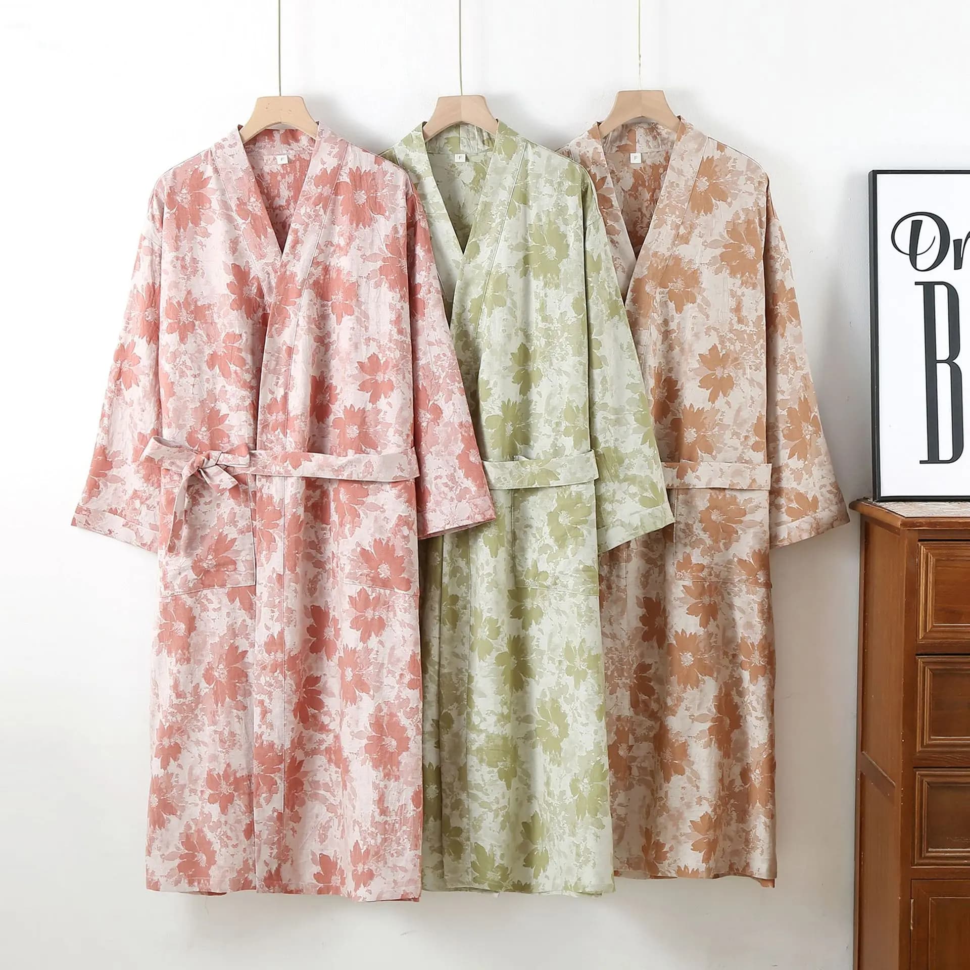Kimono Pure Cotton Bathrobe Spring Summer Floral Nightwear Women's Vestaglie Three-quarter Sleeve Bathrobe Women's Vestaglie