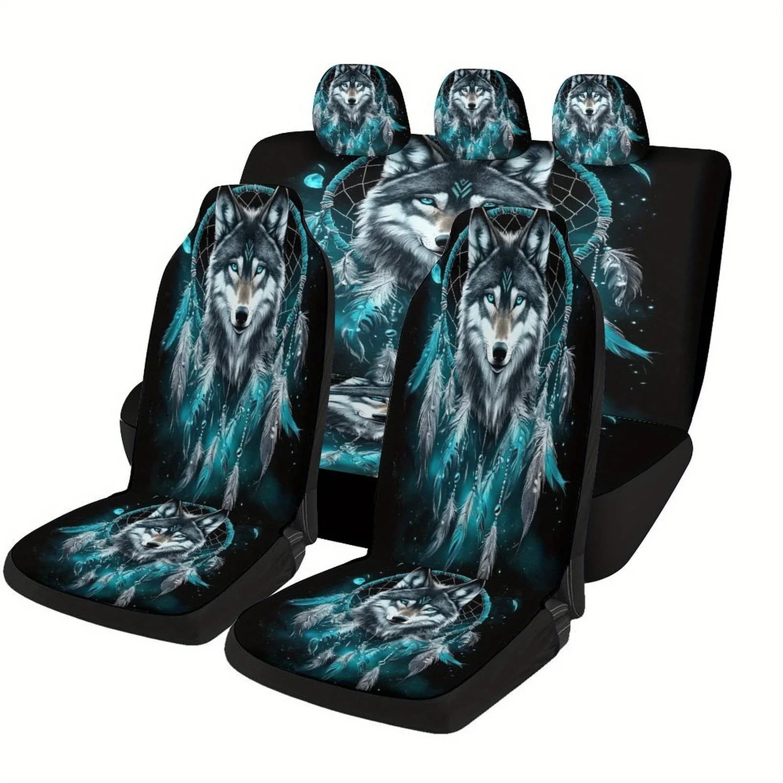 Wolf Dreamcatcher Themed Car Seat Cover Set - Stylish Black & Blue Design, Full Coverage For Front & Rear Seats, Fits Most Cars,