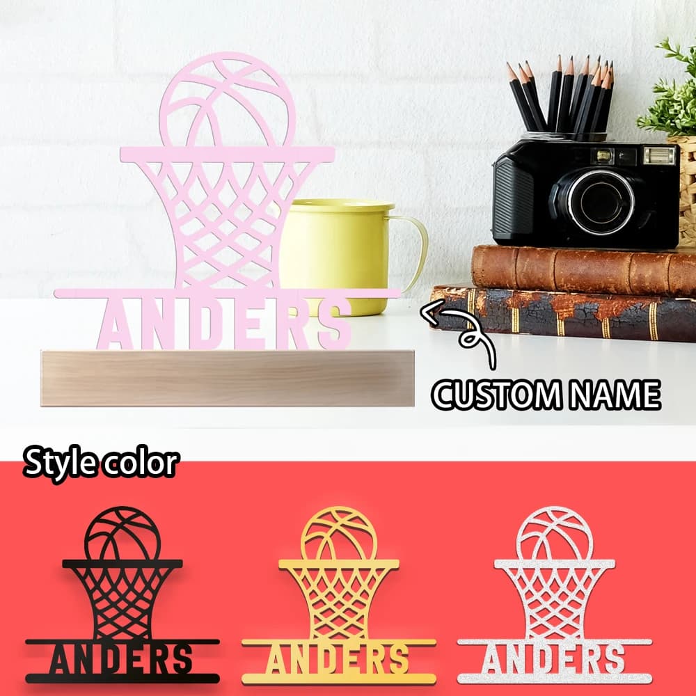 Scultura in ferro minimalista personalizzata con testo artistico a tema basket, con base in legno, per regali per bambini (1 pezzo)
