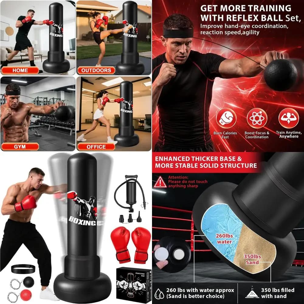 Self-supporting Boxing Bag for Adults, 70''' Heavy Duty Boxing Bag with Gloves and Pumps, Kickboxing Bags for Men and Women, Big Bas Improved Version