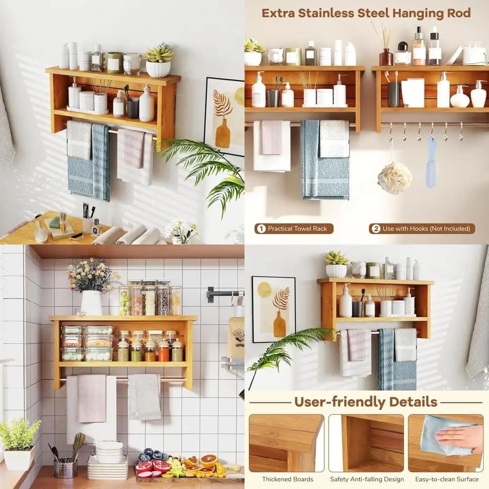 Mensola da Bagno a 3 Ripiani in Legno di Teak con Porta Asciugamani e Asta in Acciaio Inossidabile, Organizzatore Salvaspazio per Casa
