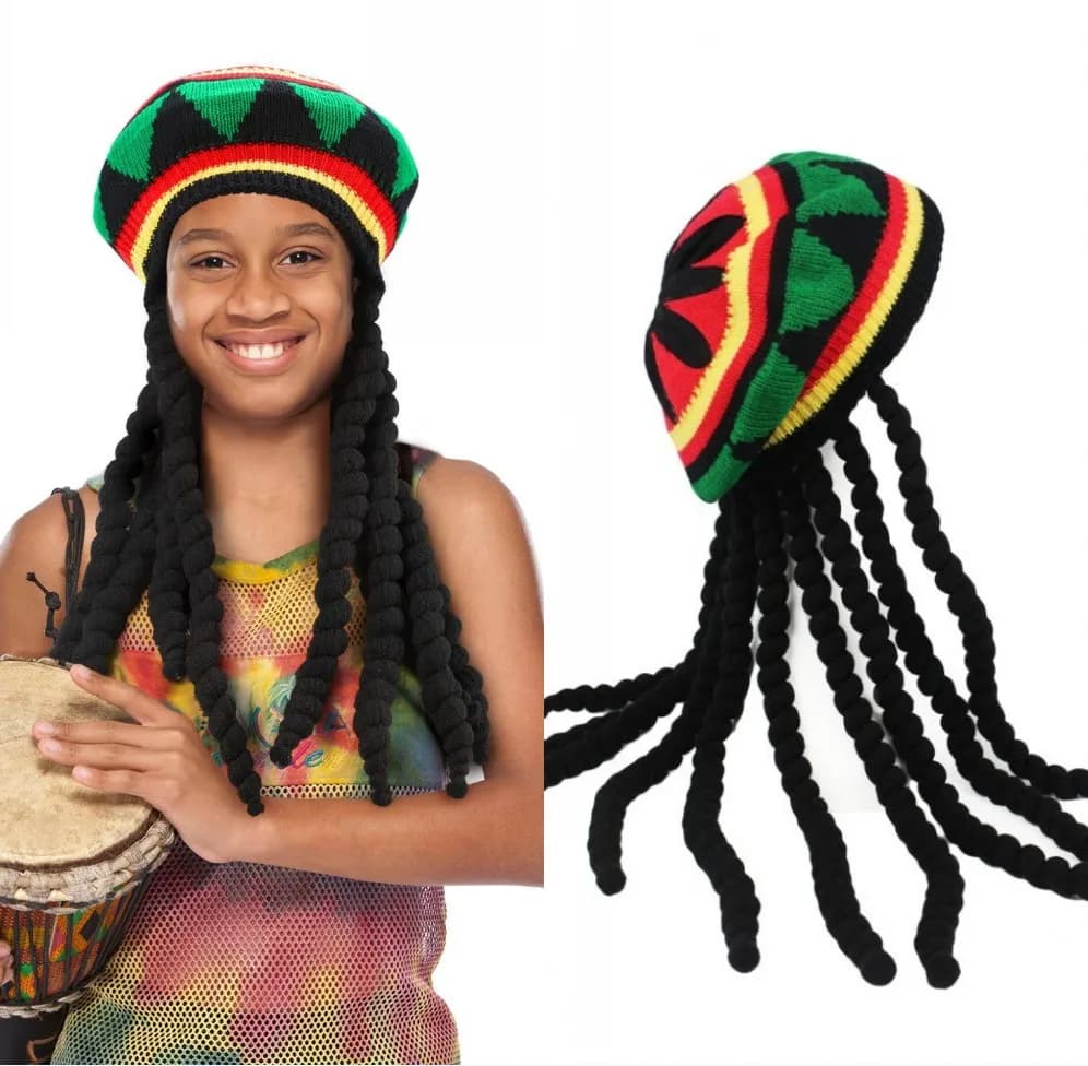Cappello Lavorato a Maglia con Treccia Lunga e Parrucca Sintetica, Berretto Africano Giamaicano con Dreadlocks, Copricapo per Cosplay di Halloween