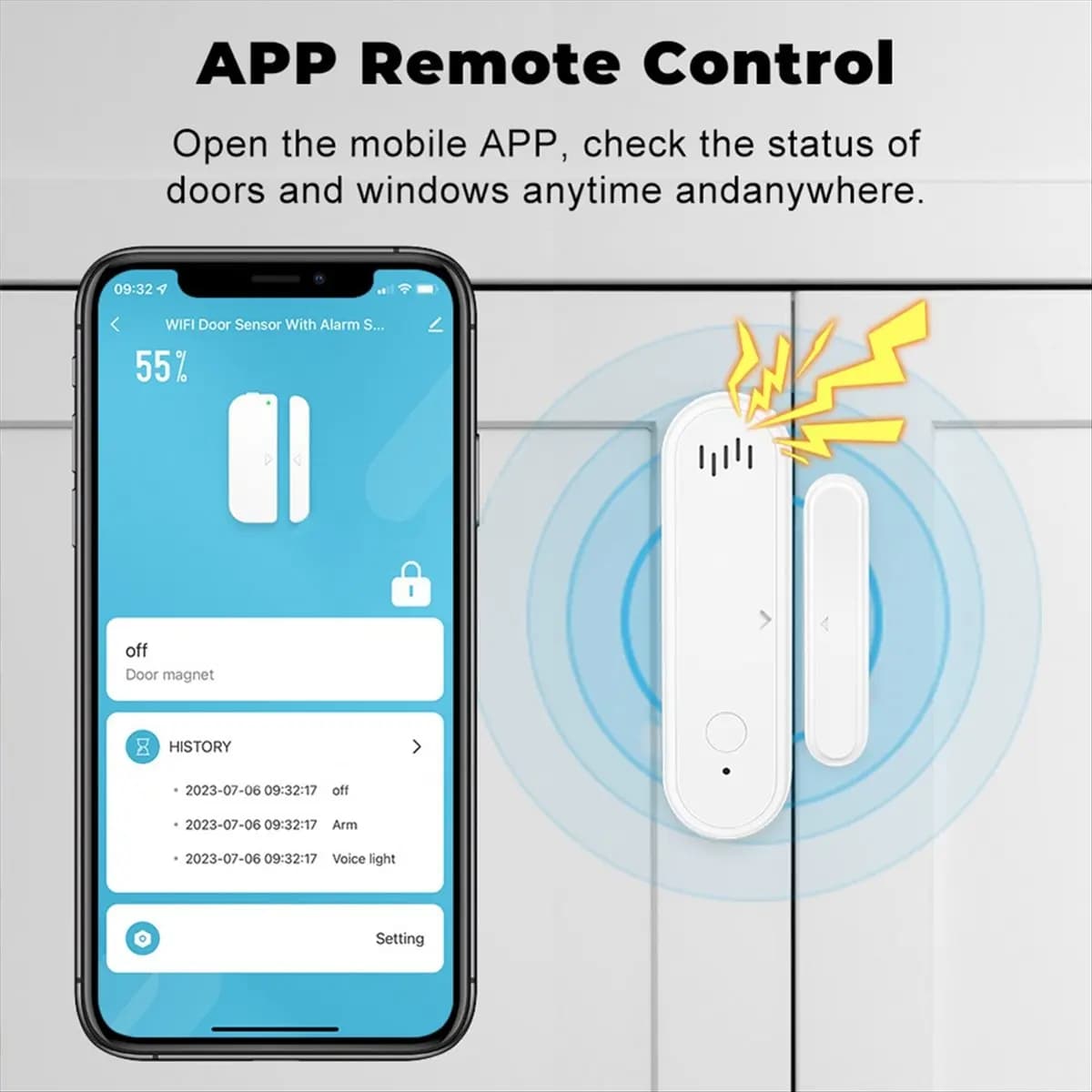 Sensore per Porte e Finestre WiFi Tuya Smart, Allarme Sonoro 80dB, Notifiche APP, Funzione Arm/Disarm, Compatibile Smart Life