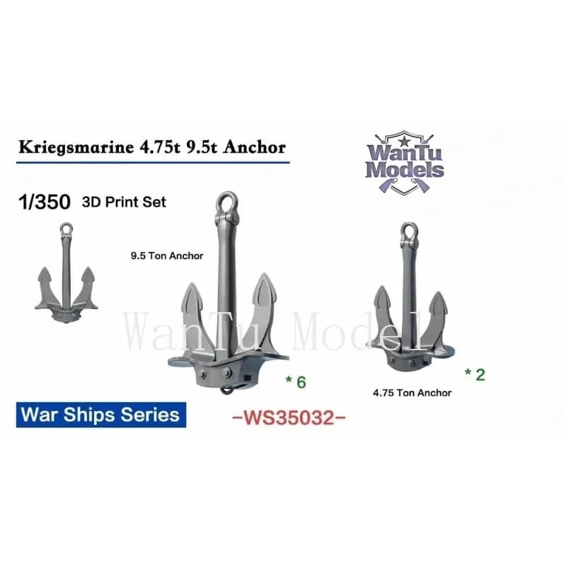 WS35032 1/350 German Kriegsmarine 4.75t & 9.5t Anchor Set - 8 PCS 3D Printed Super Detail for Battleship
