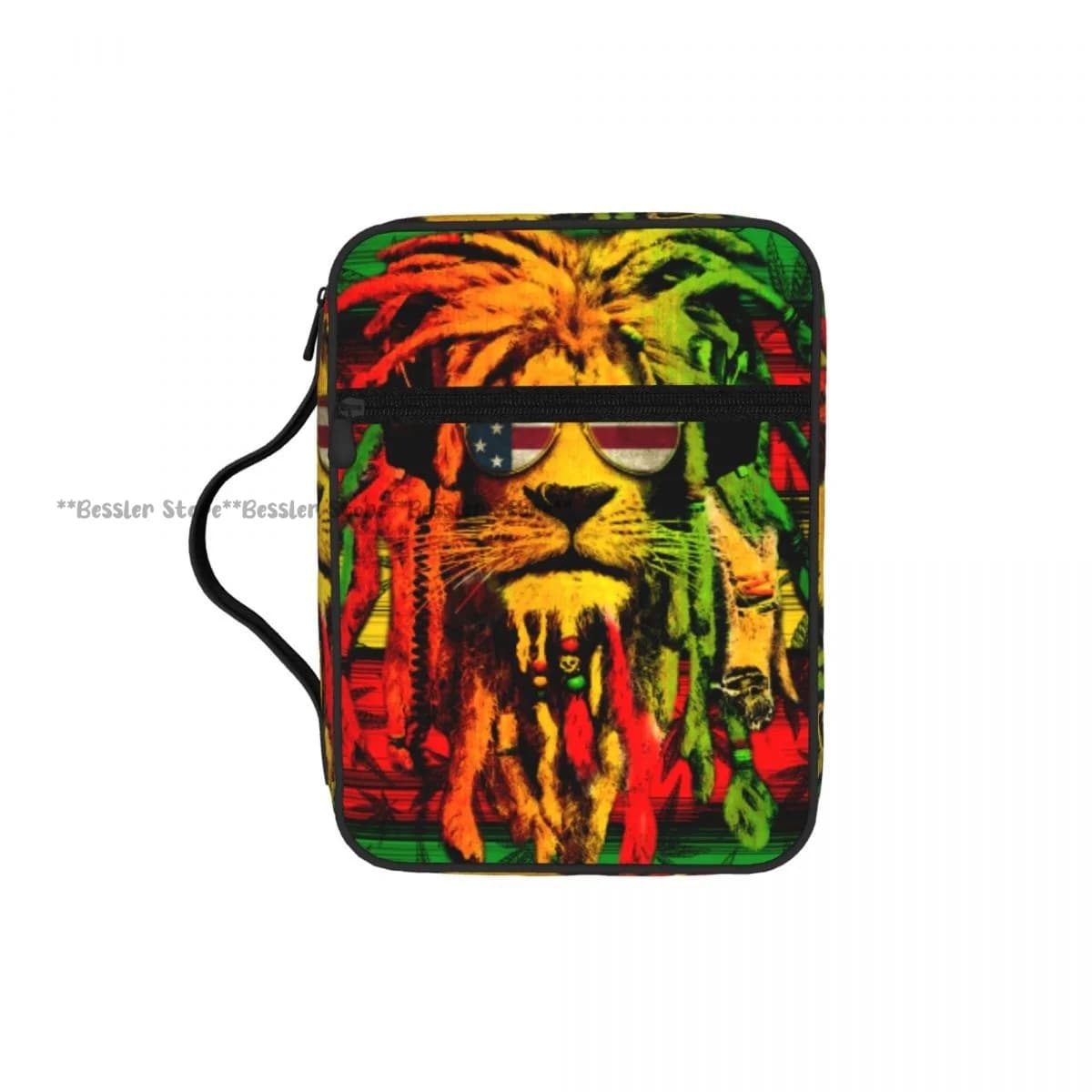 Protective Case for Bible with Handle and Pocket with Hinge, Church Bag, Handbag for Tablet, Jamaica Lion Design