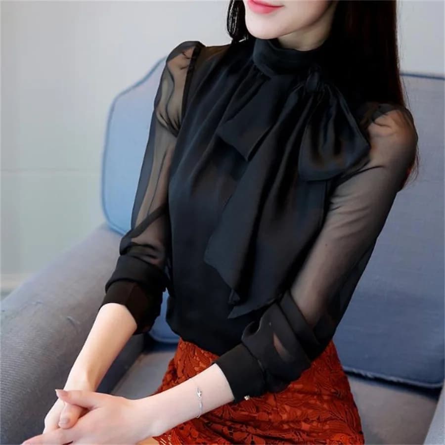 Nuova moda estiva tunica camicetta da donna camicie manica lunga cravatta fiocco dolcevita in chiffon formale donna camicie bianche nere DF4905