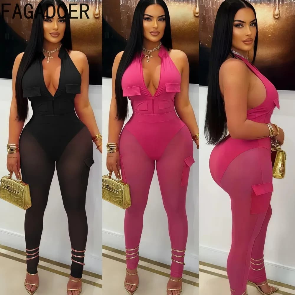 FAGADOER Sexy Pockets Cargo Patchwork 2 Piece Sets Woman Outfit Solid Halter Zipper Crop Top and Legging Suits Female Streetwear