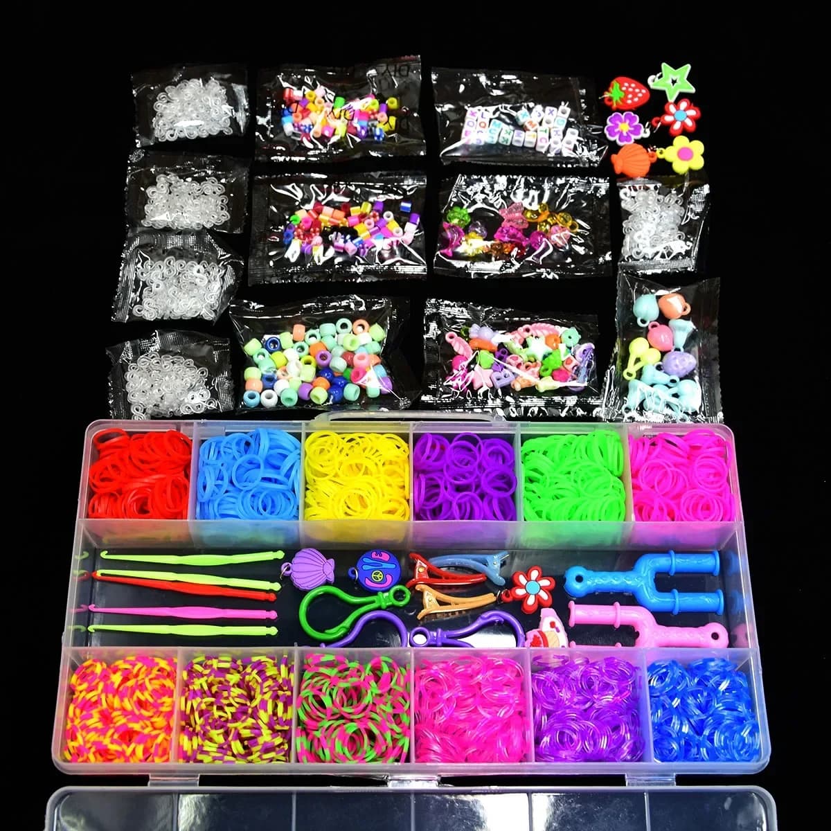 1800pcs Colorful Rubber Loom Bands Elastic DIY Set Box Girls Gift Weaving Bracelet Tool Kit Kids Toys for Children 7 8 10 Years