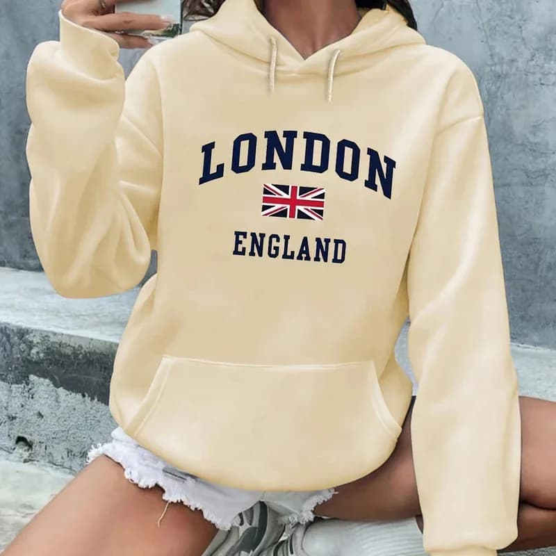 Pullover caldo a maniche lunghe con cappuccio e coulisse, moda casual autunnale e invernale da donna, allentato, Londra Inghilterra