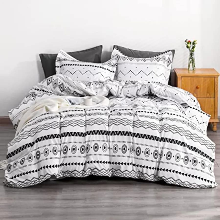 3 Pieces 100% Brushed Microfiber Striped Duvet Cover Set, Super Soft Black and White Printed Reversible Design Zipper Comforter