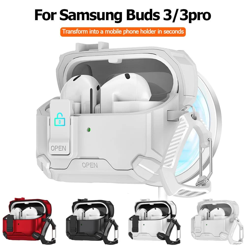 Security Lock Earphone Cases For Samsung Galaxy Buds 3pro Buds 3 Cover With Phone Stand Hook Shockproof Protect Headphone Fundas